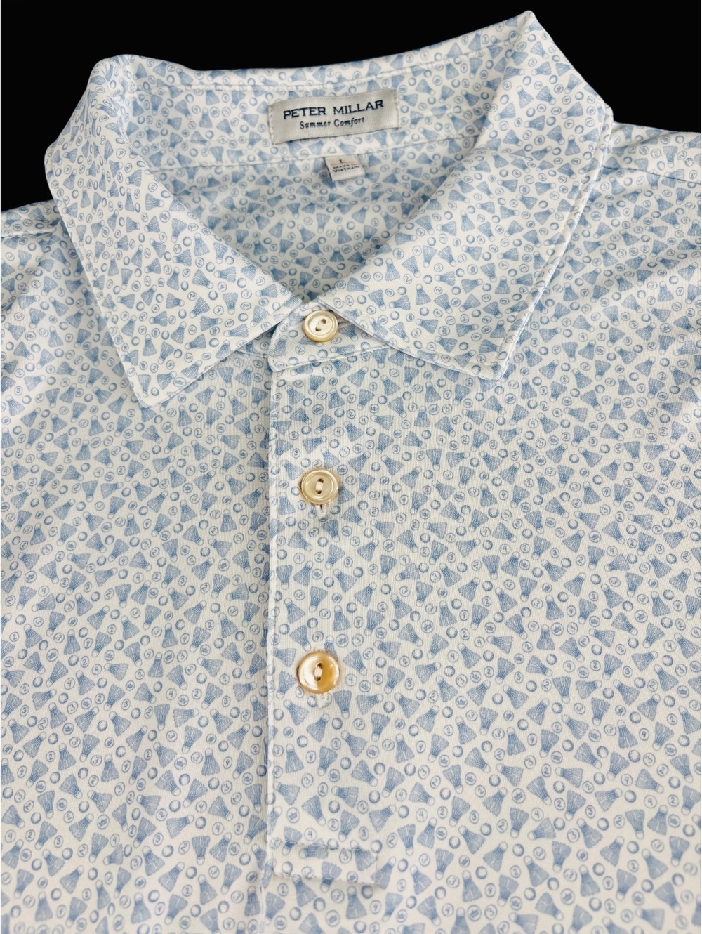 Peter Millar Summer Comfort Golf Polo Men's L Shuttlecock Print Blue White - Picture 2 of 6